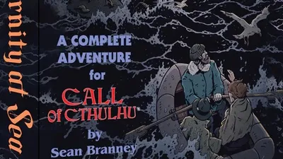 A box titled "Eternity at Sea" features a dramatic illustration of a rocky coastline with a dark, ominous building perched atop a cliff, surrounded by turbulent waves and seagulls in flight. Two figures in a small boat are depicted in the foreground, navigating the choppy waters, while the title and subtitle highlight it as a complete adventure for the Call of Cthulhu roleplaying game. The overall color palette includes deep blues and grays, enhancing the eerie atmosphere of the scene.