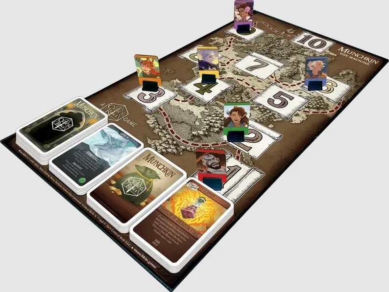A game board with a fantasy map featuring numbered spaces from 1 to 10. Several illustrated character cards with portraits are placed on the board. In the foreground, there are stacks of game cards, including one labeled "MUNCHKIN" with the Critical Role logo, another labeled "VORUGAL," and a third labeled "POTION OF DRAGON FIRE" with an illustration of a red potion and flames. The text "A Critical Role Game" is visible on the board.