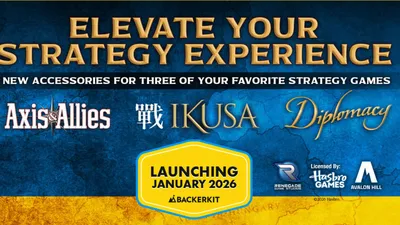 A promotional graphic features the text "ELEVATE YOUR STRATEGY EXPERIENCE" in bold, gold lettering against a textured blue background. Below, the names of three strategy games—"Axis and Allies," "IKUSA," and "Diplomacy"—are displayed in white and gold fonts. A yellow badge at the bottom reads "LAUNCHING JANUARY 2026" with the Backerkit logo, indicating the upcoming campaign for game accessories.