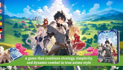 A group of five anime-style characters stands in a vibrant, lush landscape filled with rolling hills and colorful flowers. The central figure, a young man in shining armor, is flanked by a silver-haired woman in a blue dress, a red-haired girl in a hooded cloak, a small black cat-like creature, and a blonde girl in a red dress. In the corner, a box featuring the game "Gates of Krystalia" is displayed, with text highlighting the game's combination of strategy, simplicity, and dynamic combat.
