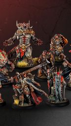 A diverse group of fantasy miniatures is displayed, featuring various characters and beasts from the Old Umbrey Core Expansion. Prominent figures include a muscular warlock with a fierce expression, flanked by werewolves and a large, imposing beast. The scene is set against a dark background, with vibrant colors highlighting the intricate details of the miniatures, including their armor, weapons, and dynamic poses, while patches of grass add a touch of realism to the base.