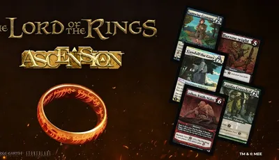 The image features several character cards from the upcoming Lord of the Rings: Ascension deckbuilding game. Prominent cards include "Samwise Gamgee," "Gandalf the Grey," "Gollum, Riddle Maker," "Legolas Greenleaf," and "Barrow-wight," each showcasing unique artwork and attributes. The background includes a stylized representation of The One Ring, with the game's title "Lord of the Rings: Ascension" displayed prominently at the top.