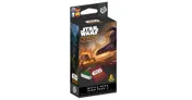 A packaged product for the "Star Wars: Legion" game, titled "Battle Deck Card Pack II," is prominently displayed. The box features vibrant artwork, including a starfighter in flight and a battle scene in the background, along with the game's logo at the top. The packaging includes multilingual text and showcases two cards, one red and one green, at the bottom, indicating the contents of the pack.
