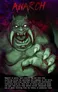 Green-skinned monster with large tusks, sharp teeth, and glowing eyes reaching out.