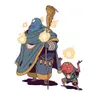 A blue-skinned humanoid figure with a large head, small eyes, and a wide mouth, wearing a long teal and gold robe with circular patterns on the belt. The figure holds a tall staff topped with a coiled snake head, with small flames floating around the staff and the figure's head. Beside them, a small, round, red and green creature with stubby limbs, a wide mouth, and a circular emblem on its chest raises its arms, with small flames floating nearby. Both are standing on a plain white background.