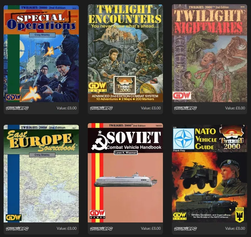 Six Twilight: 2000 RPG book covers in a 2x3 grid.