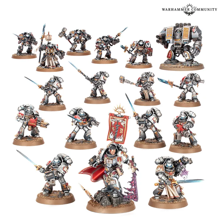 A collection of 15 miniature figures from the Warhammer 40,000 universe, showcasing the Black Templars and Grey Knights. The front center features a prominent character in ornate armor, holding a banner, flanked by various warriors equipped with swords, guns, and other weapons. The figures are painted in a mix of silver, black, and red, with intricate details highlighting their armor and weaponry, set against a simple brown base.