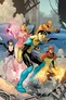 Five superheroes in action, one with a number 1 on their costume, against a cityscape.