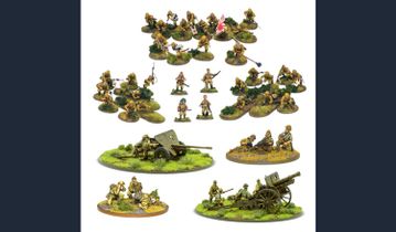 The image showcases a collection of Imperial Japanese miniatures from Warlord Games' new 'Revere the Emperor' bundle. It features 30 multi-pose plastic infantry figures, positioned in various stances, along with a 47mm light anti-tank gun and a Type 91 105mm medium howitzer, each displayed on grassy bases. Additionally, there are teams for a medium machine gun and a heavy mortar, all set against a white background, highlighting the detailed sculpting and painting of the miniatures.