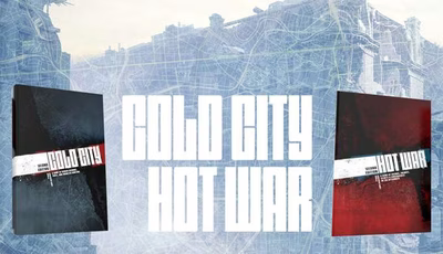 The image features two tabletop role-playing game book covers side by side, set against a faintly detailed map background. On the left, the cover for "Cold City" is predominantly black with a red stripe, while the right cover for "Hot War" has a dark red background with a white stripe across the middle. The title "COLD CITY HOT WAR" is prominently displayed in bold, white letters across the center, emphasizing the connection between the two games. The overall aesthetic conveys a sense of tension and intrigue, fitting the themes of espionage and supernatural horror.