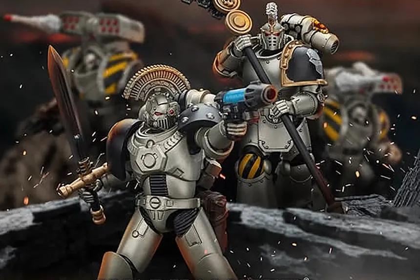A squad of Iron Warriors action figures is prominently displayed, showcasing their detailed designs and articulation. The foreground features a Sergeant wielding a power sword and a plasma pistol, while a command squad member stands behind, holding a staff. The figures are set against a dramatic backdrop, enhancing their imposing presence with hints of smoke and debris.