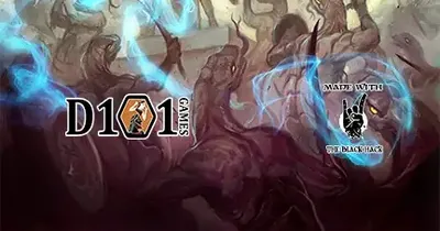 Two figures fight demons, glowing blue energy, D101 Games and The Black Hack logos visible.