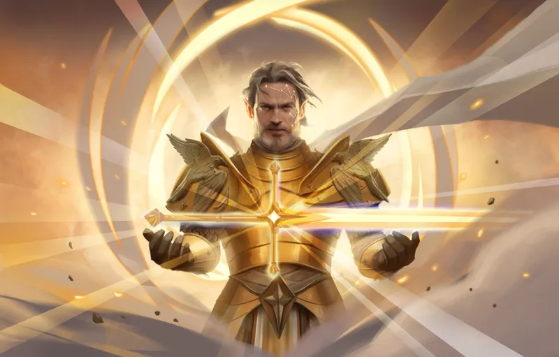 Man in ornate, gold-toned armor with angular, wing-like pauldrons extending from the shoulders. His gauntlets are bulky with mechanical elements, and a large, stylized mask resembling a bird of prey covers the upper half of his face. The armor features layered plates and a prominent chest emblem shaped like a downward-pointing triangle with a circular center. The background shows a glowing, geometric archway with a warm, golden light emanating from it. No readable text is visible.