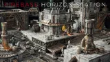 A detailed modular sci-fi terrain setup features various structures, including a large building with a glowing orange window and intricate textures, set against a backdrop of industrial elements. Several miniature figures are positioned throughout the scene, suggesting a skirmish or exploration scenario. The terrain is designed for tabletop gaming, showcasing a mix of crates, pipes, and machinery, all rendered in a weathered, metallic color palette.