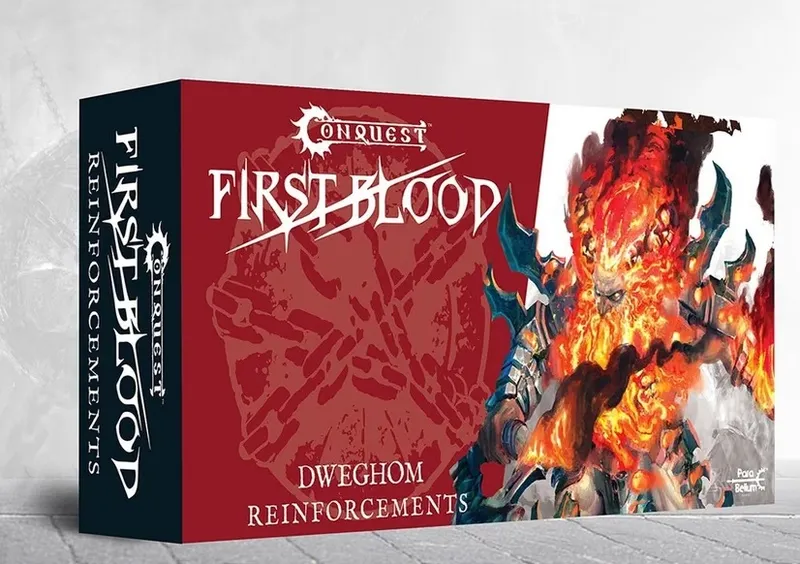 Red box with "Conquest First Blood Dweghom Reinforcements" text and a warrior illustration.