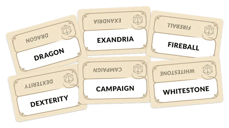 A collection of game cards from Codenames: Critical Role Adventures is displayed, featuring words relevant to the game. The cards include 