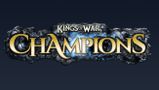 The image features the logo for "Kings of War: Champions," prominently displayed in a bold, stylized font. The word "Champions" is highlighted in a bright yellow color, contrasting against a dark, rocky background that adds a sense of depth and texture. The logo includes the trademark symbol for "Kings of War," indicating its connection to the established game series.