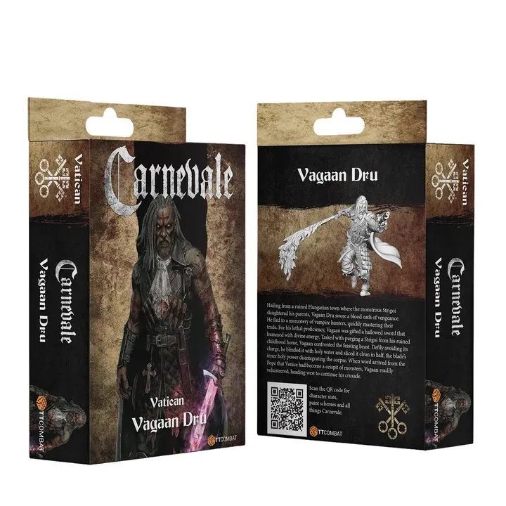 Two boxes labeled "Carnevale" and "Vagaan Dru", one with a figure holding a sword, the other with a figure holding a spear.