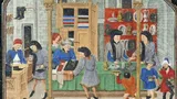 "The Merchant's Ledger" text above a medieval shop scene with people and goods.
