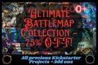 A vibrant promotional graphic showcases the "Ultimate Battleground Collection," featuring a collage of various battle maps and tokens. The text prominently displays "ULTIMATE BATTLEMAPP COLLECTION" and "75% OFF!" in bold, eye-catching fonts. Background images include a mix of fantasy and sci-fi themes, highlighting the extensive range of over 1700 battle maps available, along with references to previous Kickstarter projects and add-ons.