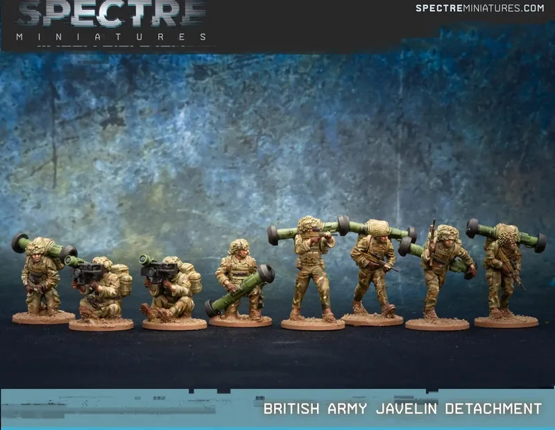 Six camouflaged soldier miniatures, some carrying large missiles, against a rocky backdrop.