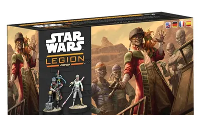 A box set for "Star Wars: Legion" features the Weequay Pirates, prominently displaying the charismatic leader, Captain Hondo Ohnaka, alongside several other miniatures. The box art showcases a rugged desert landscape with the pirates depicted in various poses, emphasizing their mercenary nature. The title "Hondo Ohnaka and Weequay Pirates" is featured prominently, along with the game's logo.