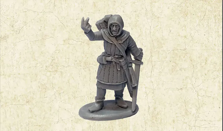 A grey resin miniature of the Master Fletcher stands on a circular base, depicted in a friendly pose with one hand raised in a gesture. He is dressed in a hooded cloak and tunic, with a quiver of arrows slung over his shoulder and a sword at his side. The background features a textured, light-colored surface that enhances the focus on the figure.
