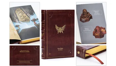 A special edition hardcover book titled "Era of Ruin: The Anthology" features a rich red faux-leather cover adorned with a prominent gold emblem of an eagle. The book showcases intricate debossed details and gold gilt page edges, along with a ribbon bookmark. Surrounding the book are images of its interior, displaying full-color artwork and a quote that reads, "All we have left now are stories."