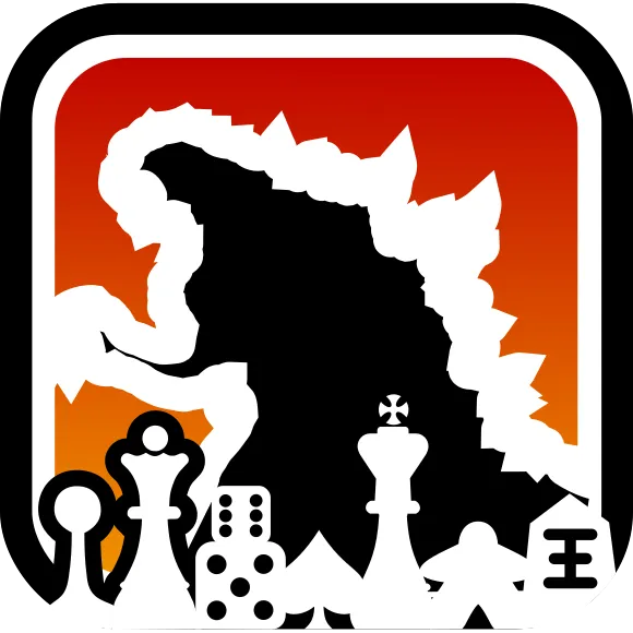 A silhouette of Godzilla standing behind chess pieces and dice from various games