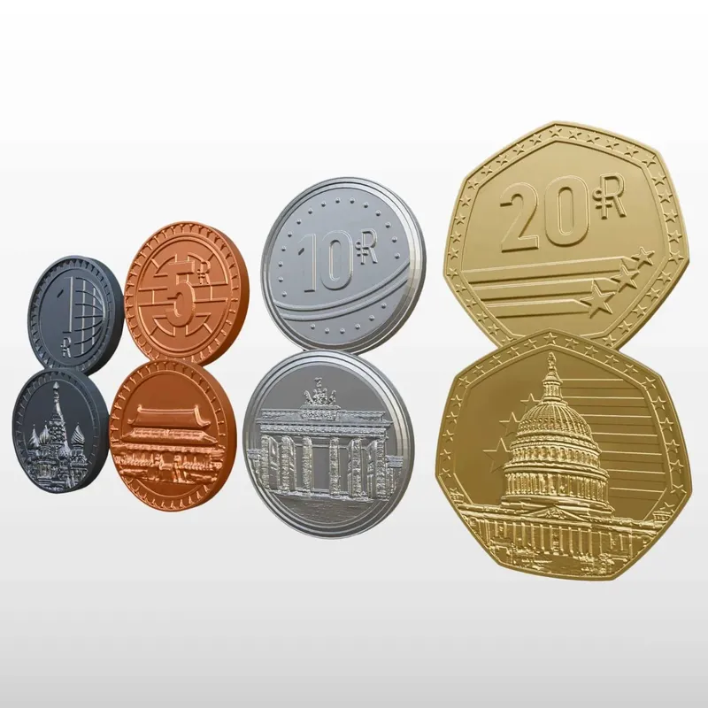Coins with landmarks: US Capitol, Brandenburg Gate, St. Basil's, and a Chinese temple, and values 5R, 10R, 20R.