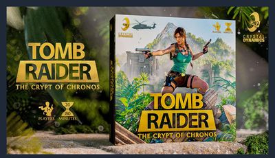 The image features the box art for the board game "Tomb Raider: The Crypt of Chronos." Prominently displayed is a dynamic depiction of Lara Croft, dressed in a teal tank top and cargo shorts, holding a gun in each hand, set against a lush, green jungle backdrop with ancient ruins. The title of the game is boldly presented in yellow text at the bottom, alongside details indicating it is designed for 1 to 4 players and has a playtime of approximately 180 minutes. The overall design conveys a sense of adventure and exploration, fitting for the Tomb Raider theme.