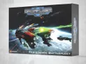 A dynamic box cover for the "Resistance Battlefleet" from Dropfleet Commander features a large, intricately designed spaceship in the foreground, showcasing a mix of red and metallic colors with glowing green elements. The ship is depicted amidst a backdrop of space, with smaller vessels and laser-like beams emanating from it, suggesting an active battle scene. The title "DROPFLEET COMMANDER" is prominently displayed at the top, along with the TTCombat logo in the bottom corner.