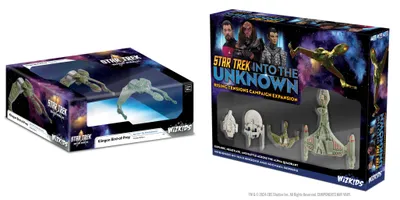 A boxed set titled "Star Trek: Into the Unknown - Rising Tensions Campaign Expansion" features a vibrant design with images of iconic characters, including Klingons and Federation officers. To the left, a separate box displays a cloaked starship model, labeled "Star Trek: The Next Generation - Cloaked Edition." The right side of the image showcases detailed miniatures of various starships, including a Klingon Bird-of-Prey and Federation vessels, emphasizing the game's focus on exploration and battle in the Alpha Quadrant.