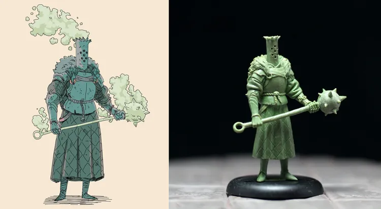 On the left, a colorful illustration depicts a knight with a distinctive square helmet, adorned in armor with a textured pattern, holding a staff topped with a spiked ball. Wisps of green smoke emanate from the figure, adding a mystical element. On the right, a three-dimensional resin miniature of the same knight is shown, featuring similar details but in a muted green color, standing on a black base against a dark background.