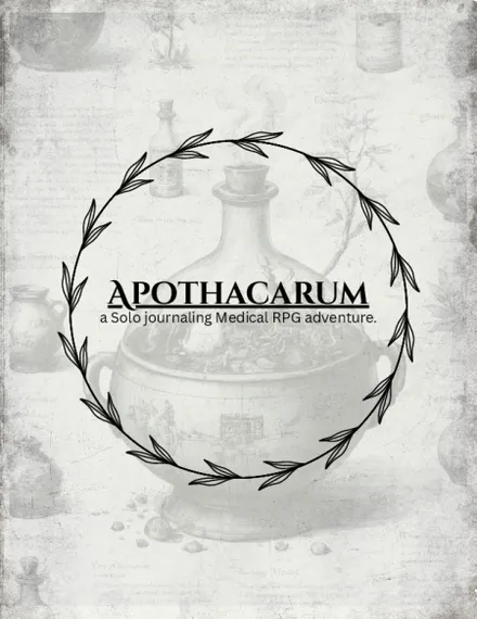 Black circular laurel wreath with text "APOTHACARUM a Solo journaling Medical RPG adventure."