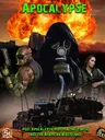 Three characters stand in a post-apocalyptic setting with large explosions and smoke billowing in the background.

On the left, a muscular person with a cybernetic left arm and left eye wears a gas mask hanging around their neck. They are crouched, holding a large firearm with a scope and a grenade launcher attached.

In the center, a tall figure in a tattered cloak with a gas mask covering their face stands upright. The mask has a skull-like design with glowing white eyes.

On the right, a woman with long dark hair sits on the ground, holding a rifle across her lap. She wears a green jacket and a belt with pouches.

In the foreground, a small tracked robot with a skull symbol on its front panel displays a screen with three blue bars. The robot has various mechanical components and attachments.