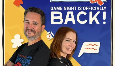 Felicia Day and Wil Wheaton with "CONLUDO GAME NIGHT IS OFFICIALLY BACK!" and game icons.