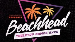 The design features the word "Beachhead" prominently in a bold, stylized font, with the phrase "TABLETOP GAMES EXPO" beneath it. Vibrant palm trees in orange and yellow are positioned above the text, set against a dark, textured background with geometric shapes in purple and pink. The overall aesthetic conveys a lively and tropical theme, suitable for a gaming event.