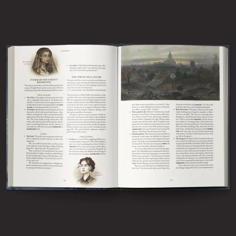 An open book displays two pages from the "City of My Nightmares" campaign for Vaesen. On the left page, there is a portrait of a woman with long hair and a headscarf, accompanied by text detailing "Sverker von Essen's Residence" and various challenges and clues related to the narrative. The right page features a moody landscape painting of Stockholm, with rooftops and a distant church steeple under a cloudy sky, alongside text about "The White Hill Slums" and additional challenges. The overall design combines rich illustrations with detailed descriptions, enhancing the immersive experience of the game.