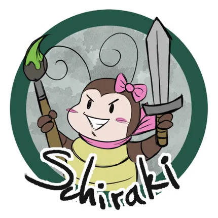 A comic roach holding a sword and a paintbrush