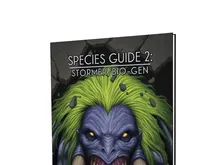 Cover of a book titled "Species Guide 2: Stormer/Bio-Gen". Dark background with a stylized, monstrous face—glowing yellow eyes, sharp teeth, green hair, and wooden arms. Text below reads: "A SOURCEBOOK FOR SLA INDUSTRIES 2ND EDITION".