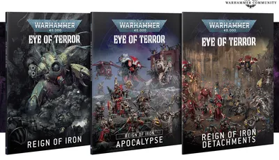 A slipcase set titled "Eye of Terror: Reign of Iron" for Warhammer 40,000 10th Edition features three hardcover books. The left book, "Eye of Terror: Reign of Iron," showcases a dark cover with imagery of Iron Warriors and mechanical elements. The center book, "Reign of Iron: Apocalypse," highlights large-scale battle scenes with various factions, while the right book, "Reign of Iron: Detachments," displays a more detailed scene with Chaos Space Marines and Imperial forces. Each book is visually distinct, emphasizing the themes of war and chaos in the Warhammer universe.