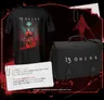 Black T-shirt with "13 OMENS" and graphic of a masked figure on a motorcycle in red flames. Black messenger bag with "13 OMENS" embroidered on front. Red splatter background. White text reads: "13 OMENS T-SHIRT A T-SHIRT WITH 13 OMENS ART. AVAILABLE IN SIZES SMALL TO 3XL.