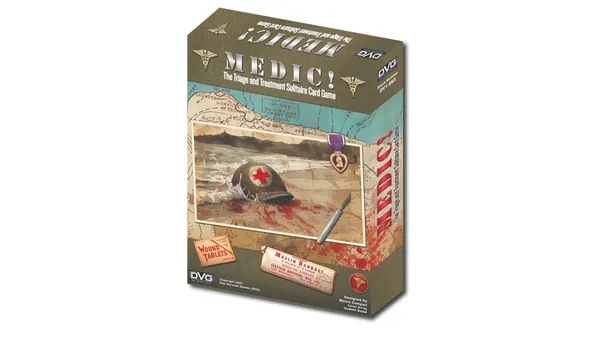 MEDIC! The Triage and Treatment Solitaire Card Game box with map, helmet, and medical items.