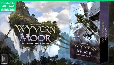 "Wyvern Moor Dungeon Crawl Card Game" book cover and floating island landscape.