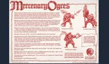 The image features a vintage-style advertisement for a new set of miniatures called "Mercenary Ogres" from Satyr Art Studio. It showcases three distinct ogre characters: Witzger Blutfresser, Blauhart Baby-Essser, and Hagen den Flenser, each depicted in dynamic poses with unique weapons and armor. The background is a textured blue, while the text is presented in a bold red font, detailing the ogres' personalities and their mercenary services. The overall design pays homage to classic tabletop gaming aesthetics, reminiscent of oldhammer and Citadel Miniatures.