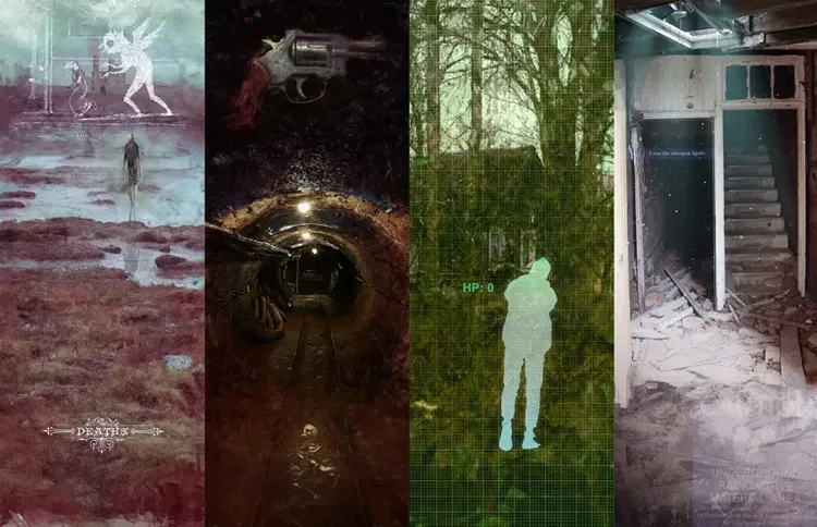 A series of five distinct panels showcases a blend of eerie and unsettling imagery. The first panel features a ghostly figure in a desolate landscape, while the second displays a revolver resting on a dark surface. The third panel depicts a dimly lit tunnel, evoking a sense of claustrophobia. The fourth panel presents a silhouette against a textured background, indicating low health points, and the final panel reveals a dilapidated interior with debris scattered on the floor. Each panel contributes to a haunting atmosphere, reflecting the themes of horror and tension in the game.