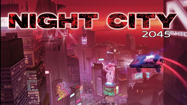 A vibrant, futuristic cityscape of Night City is depicted, showcasing towering skyscrapers adorned with neon lights and holographic advertisements. In the foreground, two figures sit on a rooftop, gazing out over the bustling streets below, where a flying police vehicle zips through the air. The sky is a striking gradient of red and purple, enhancing the cyberpunk atmosphere of the scene.