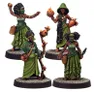 Four green-robed women with torches, baskets, and staffs on circular bases.