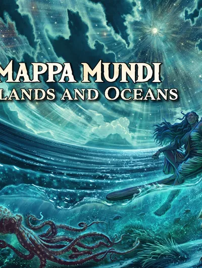 A stylized illustration of a cosmic ocean scene with swirling waves, glowing clouds, and a bright star in the sky. A large whale-like creature arcs through the water, and a tentacled sea monster is visible below. A robed figure with long hair stands on a rocky outcrop, holding a staff. The text "MAPPA MUNDI Islands and Oceans" is prominently displayed at the top.